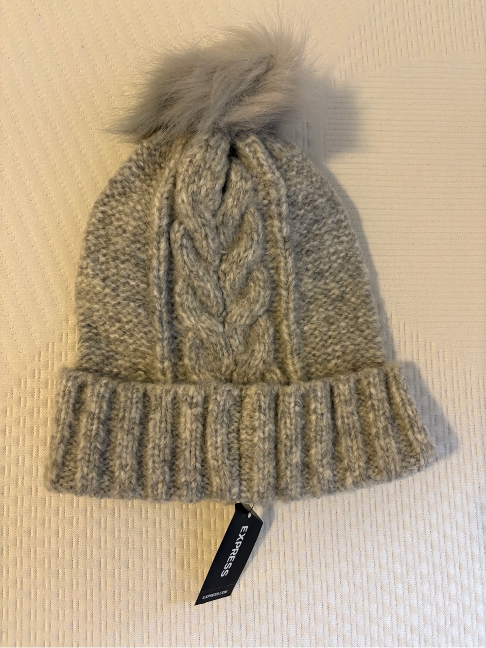 NWT Express Light Gray Cable-Knit Pom Pom Beanie